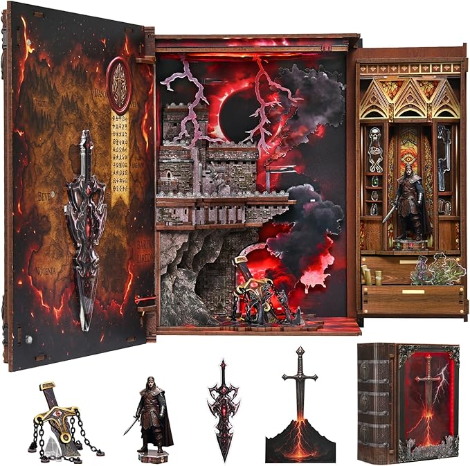 Book Nook Kit with LED Light Miniature House Kit for Birthday 3D Wooden Bookends Puzzle Bookshelf Decor for Adults Teens Beginners (The Sword of Fire)
