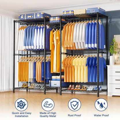 Ulif E12 Pro Clothes Rack，Heavy Duty Freestanding Garment Rack with Shelves，Metal Clothing Closet Storage System for Hanging Clothes，71" W x 16" D x 76.5" H, Hold 960 lbs，Black