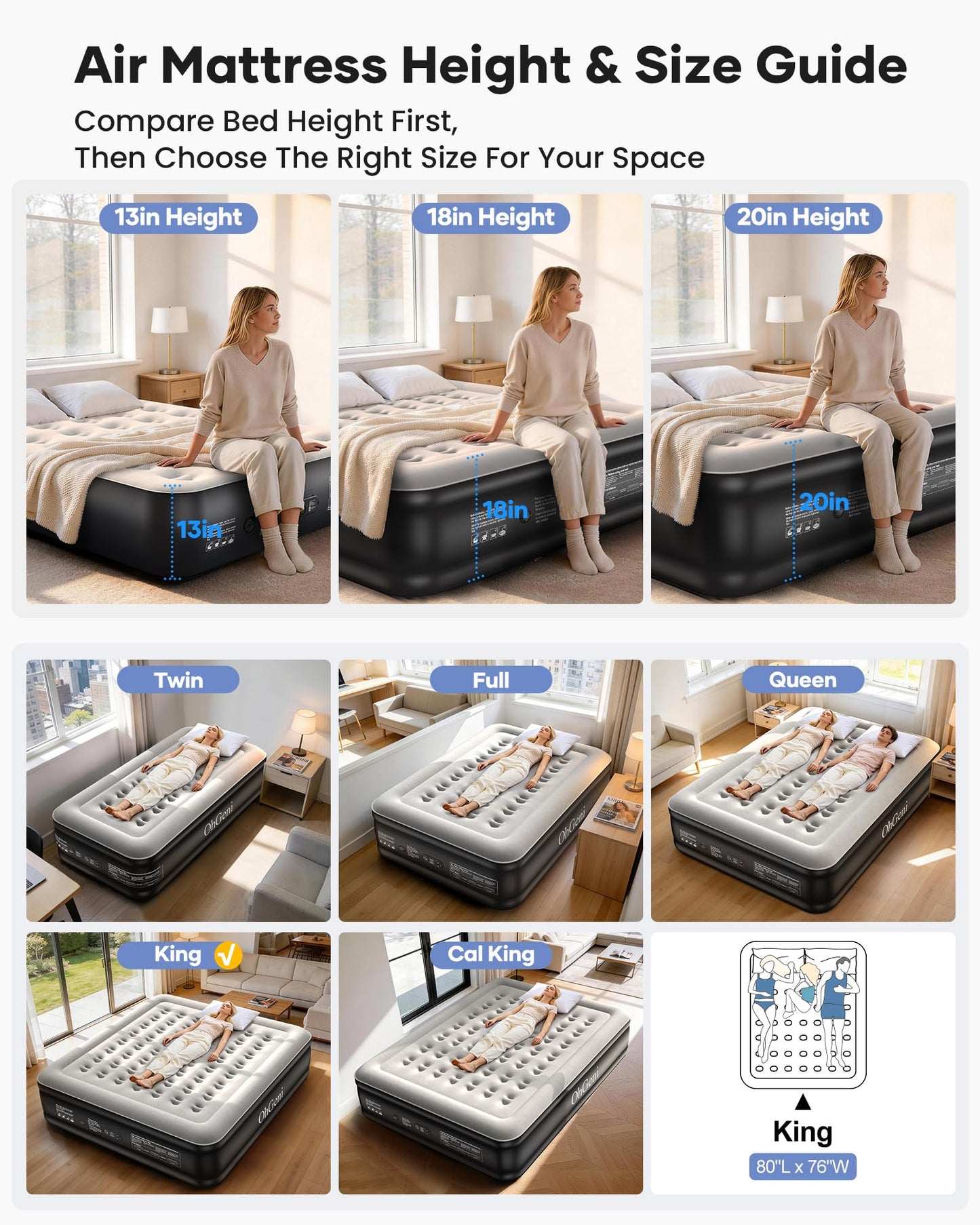 OhGeni King Size Air Mattress with Built in Pump, Family Choice Award Winner, 18'' Comfortable Blow Up Colchones Inflables Mattress for Home, Guests, Portable Air Bed, 700 lbs