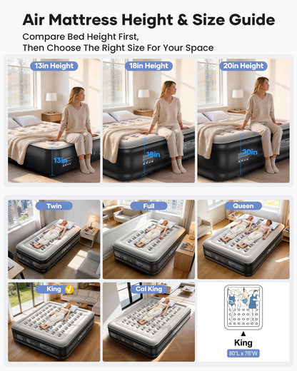 OhGeni King Size Air Mattress with Built in Pump, Family Choice Award Winner, 18'' Comfortable Blow Up Colchones Inflables Mattress for Home, Guests, Portable Air Bed, 700 lbs