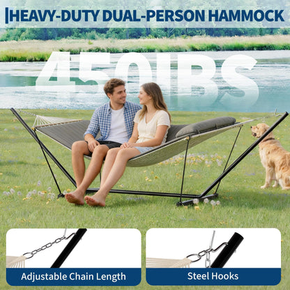 Garvee 2 Person Portable Double Hammock for Outdoor with Pillow, Heavy Duty Portable Hammock with Adjustable Steel Stand for Patio, Garden, Beach, Backyard