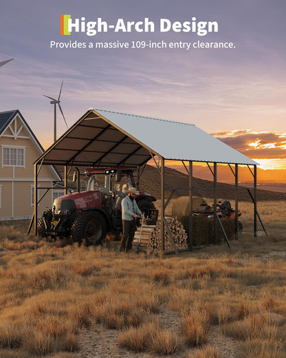Garvee 20x20 ft Metal Carport Kit, 120° Steep-Pitch Vertical Roof for Snow Shedding, 173" High-Clearance RV & Tractor Shelter, Heavy-Duty 2 Cars Car Port with Reinforced Frame