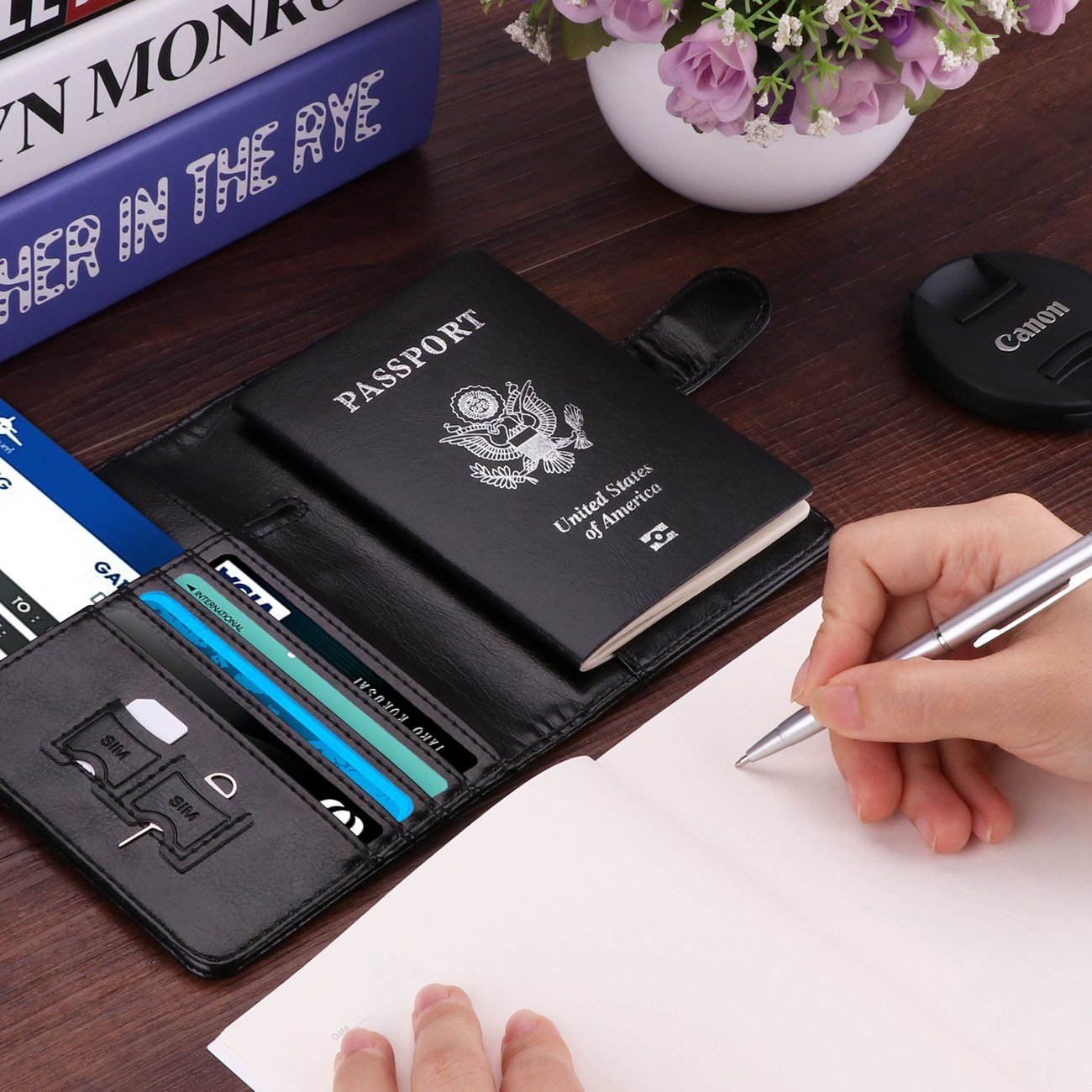 WALNEW Passport Holder for Travel, RFID Passport Cover Wallet for Women Men, PU Leather Passport Book Card Holder Case with Pen, Travelling Essentials for Flying