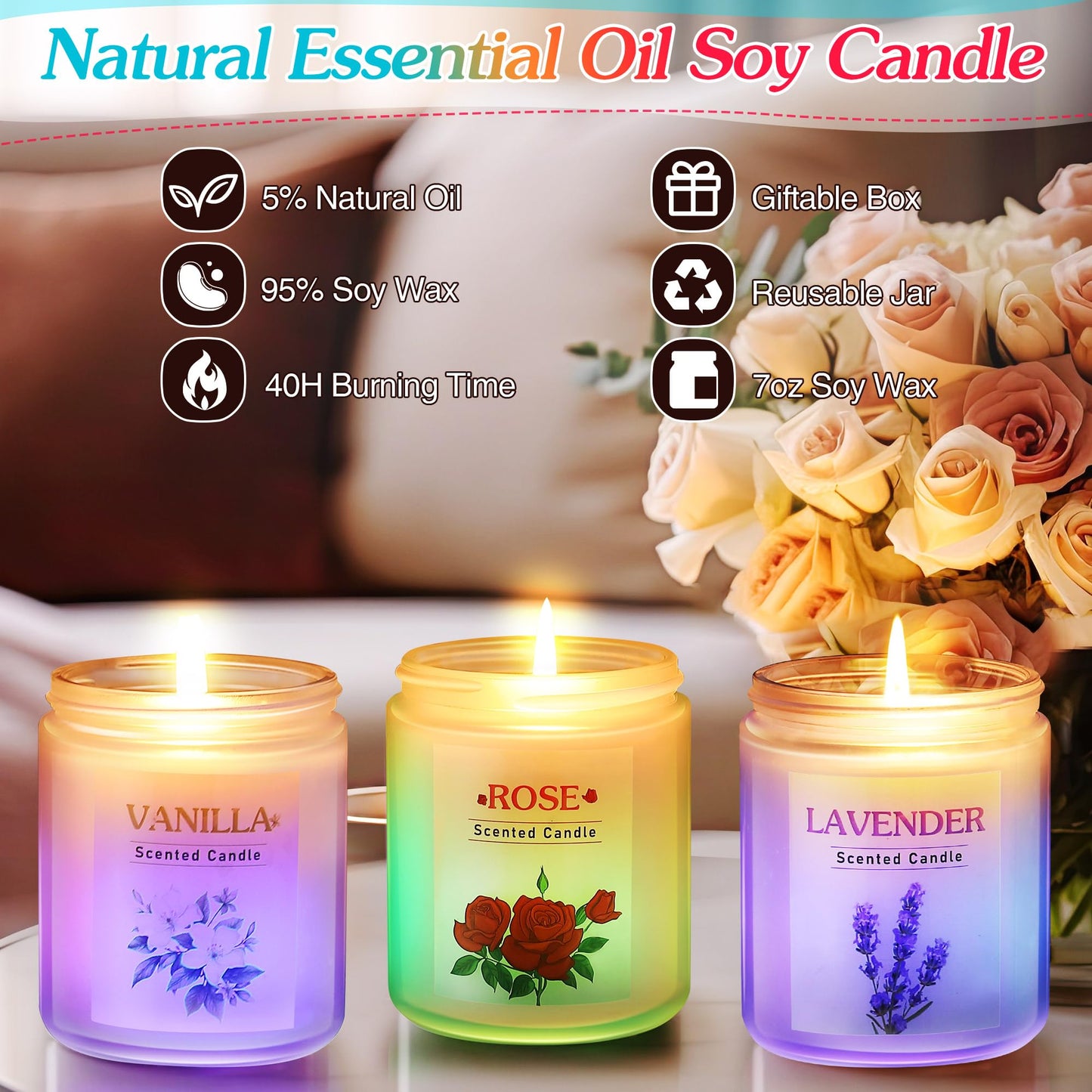 ElectricWise 3 Pack Glowing Scented Candles with Sensor Light, 21 Oz Aromatherapy Gifts for Women, Rose Vanilla Lavender Long Lasting Fragrance, Natural Soy Candle for Home Scented