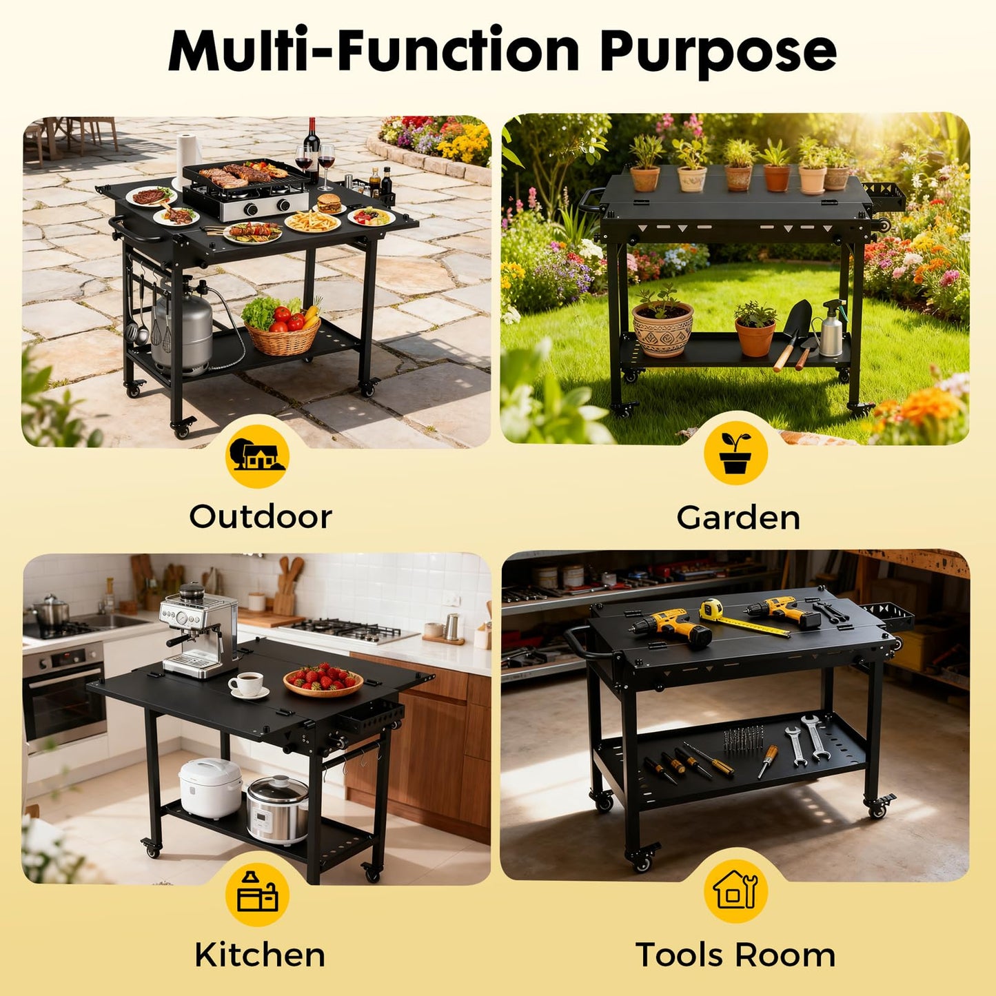 GVGBUK Portable Outdoor Grill Table with Wheels, Heavy-Duty Steel Prep Table, Folding Griddle Stand with Shelves, Bottle Opener, No Assembly Required, for BBQ, Pizza Oven, Patio