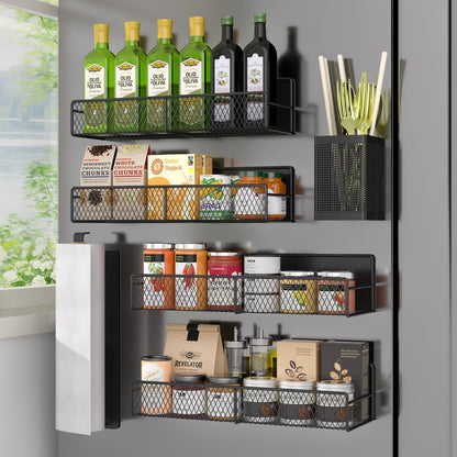 Magnetic Spice Rack for Refrigerator, 6 Pack 100% Metal Strong Magnet Shelf, Space Saving Spice Organizer, Home Kitchen Laundry Room Storage Organization W/ Paper Towel Holder, Utensils Racks (Grey)