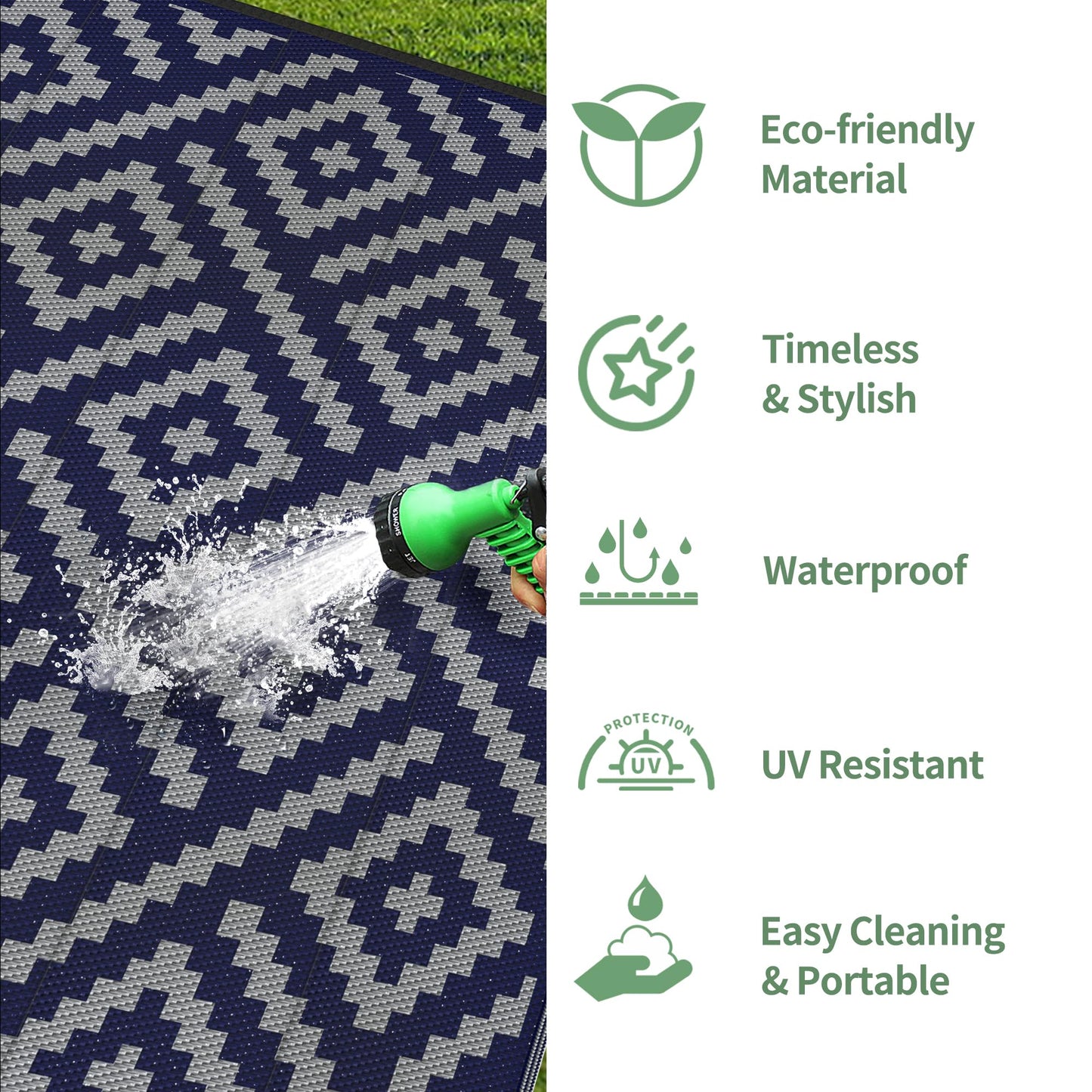 GENIMO Outdoor Rug for Patio Clearance, 10'x14' Waterproof Camping Mat, Reversible Plastic Straw Rugs for RV, Camper, Balcony, Backyard, Picnic, Deck (Blue & Grey)