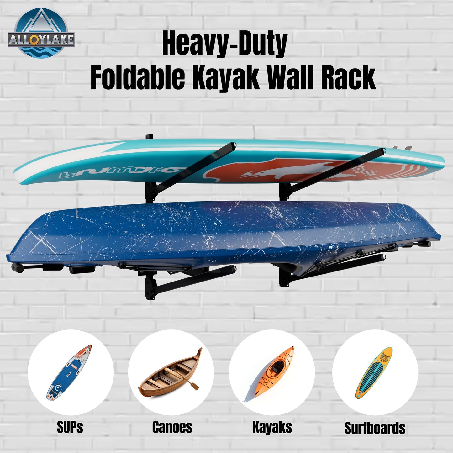 AlloyLake Folding Kayak Wall Rack, 240 lbs Heavy Duty Garage Storage Hanger, 2-Tier Adjustable Mount with 304 Stainless Steel Hardware, Fits Canoe, SUP & Surfboard - Black