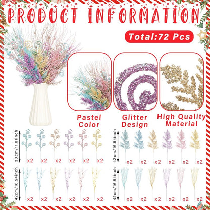 72 Pcs Pastel Christmas Tree Picks and Sprays Decoration Candy Christmas Tree Decor Artificial Glitter Berry Stems Pastel Candy Picks Ornaments Branches for Vase Filler Holiday Party Decoration