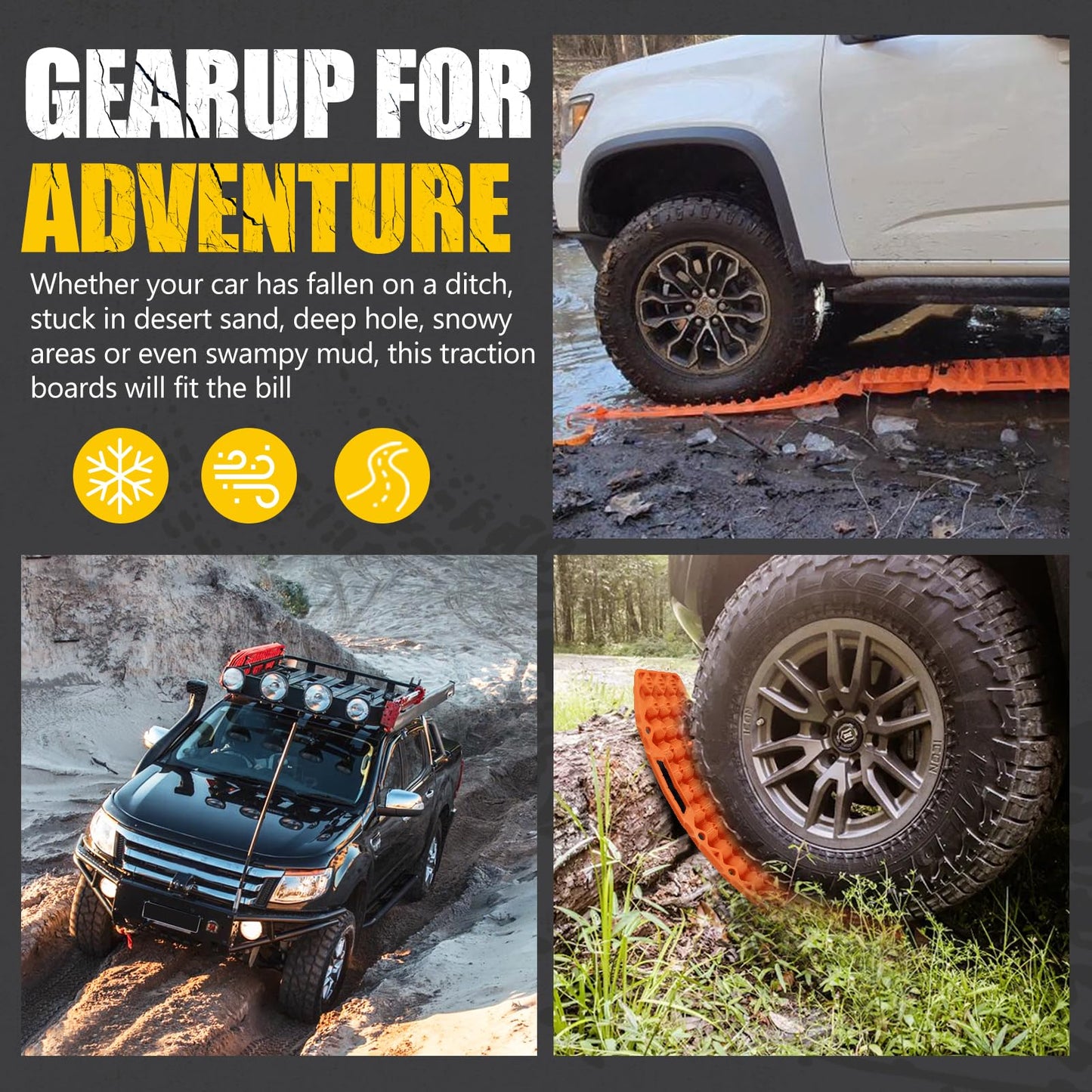 BUNKER INDUST Off-Road Traction Boards with Jack Lift Base,2 Pcs Multifunctional Recovery Track for 4WD UTV SUV Truck-Mud, Snow, Sand Tracks Orange Tire Traction Mat with Carry Bag (Gen 9th)
