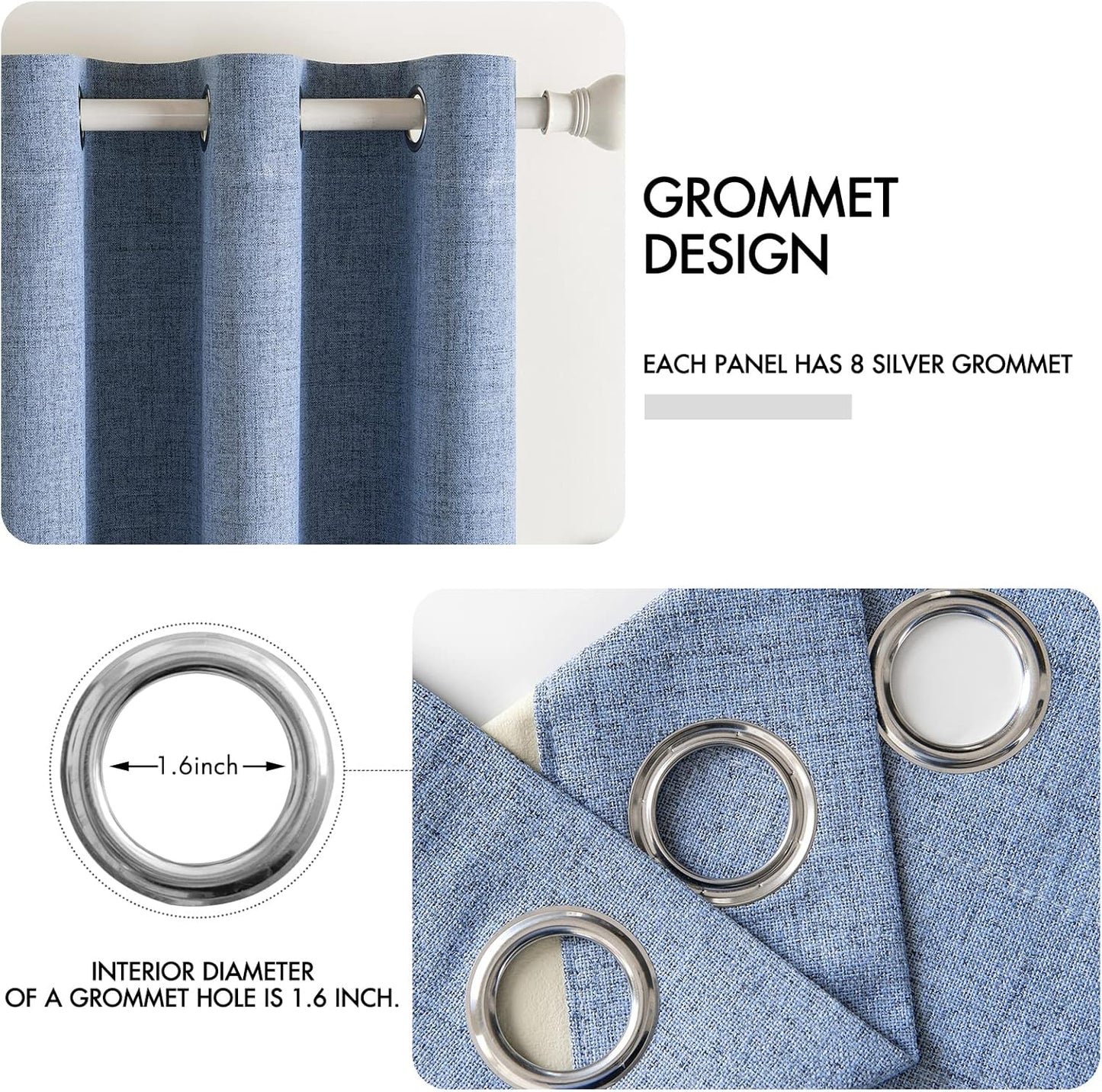 MIULEE Linen Blackout Curtains - 100% Room Darkening Thermal Insulated Grommet Panels | 42" x 84" Stone Blue