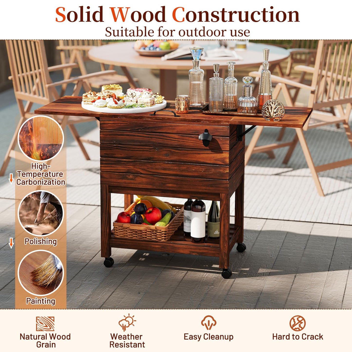 SPORFIT 54 Quart Rolling Patio Cooler Cart, Pine Wood Ice Chest Bar Cart with Drain, Fold Down Shelves & Bottle Opener, Outdoor Beverage Cooler Cart on Wheels for Parties Backyard Poolside Deck