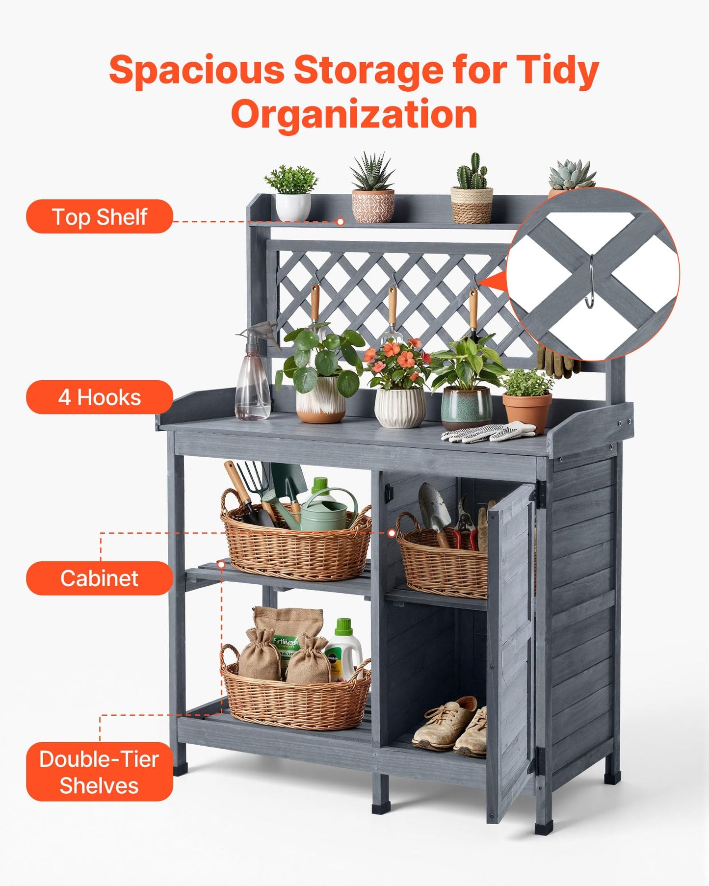 VEVOR Potting Bench Table, Outdoor Gardening Wooden Workstation with Storage Cabinet, Storage Shelves, 43 x 18 in Wood Tabletop, Garden Planting Work Station for Patio, Backyard, Balcony, Gray