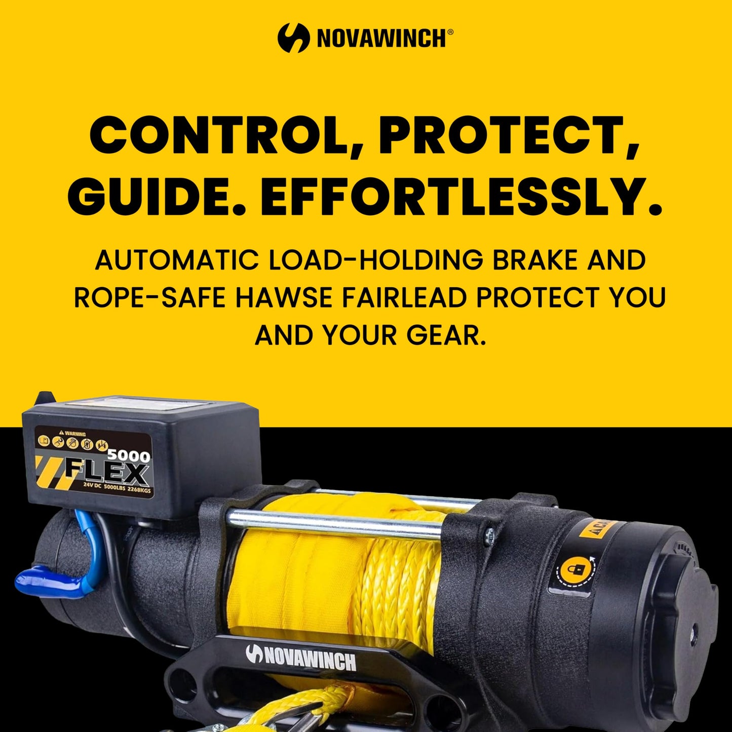 Novawinch Flex 5000 lb Trailer Winch 12V Electric - Synthetic Rope, IP68 Sealed Planetary Gearbox, Hawse Fairlead, Auto-Lock Brake, Waterproof Remote - Flatbed, Boat Trailer, Equipment Hauler, SAE