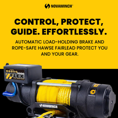 Novawinch Flex 5000 lb Trailer Winch 12V Electric - Synthetic Rope, IP68 Sealed Planetary Gearbox, Hawse Fairlead, Auto-Lock Brake, Waterproof Remote - Flatbed, Boat Trailer, Equipment Hauler, SAE