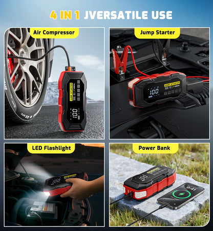 Jump Starter with Air Compressor, Portable Car Battery Jump Starter(12 Gas/10L Diesel), 4000A Peak 160PSI 12V Automobile Jump Box Pack Chargers with Jumper Cables, 4-Mode LED Lights (Black&Red)