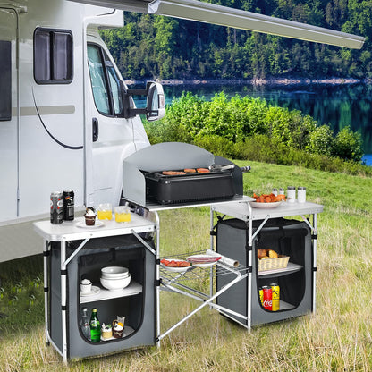 Giantex Camping Kitchen Station, Folding Grill Table with 26'' Tabletop, 2 Side Tables, Storage Organizer, Detachable Windscreen, Portable Camp Cook Outdoor Prep Station Backyard BBQ Picnic (Grey)