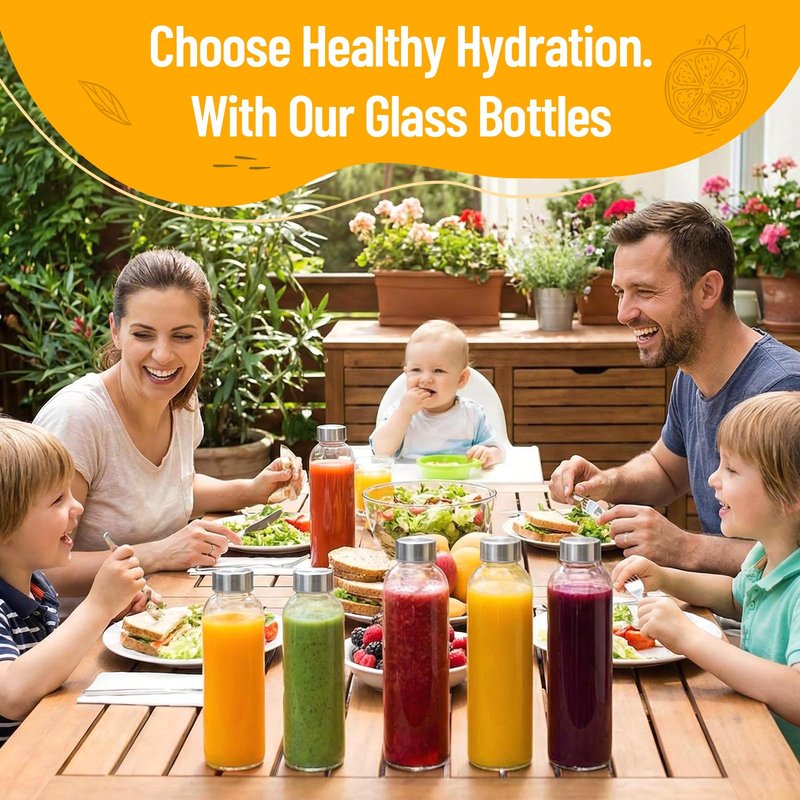 Luxfuel Clear Glass Bottles with Lids 18 oz, Reusable Glass Water Bottles with Stainless Steel Cap for Juicing,Refrigerator,100% Leak Proof, BPA Free