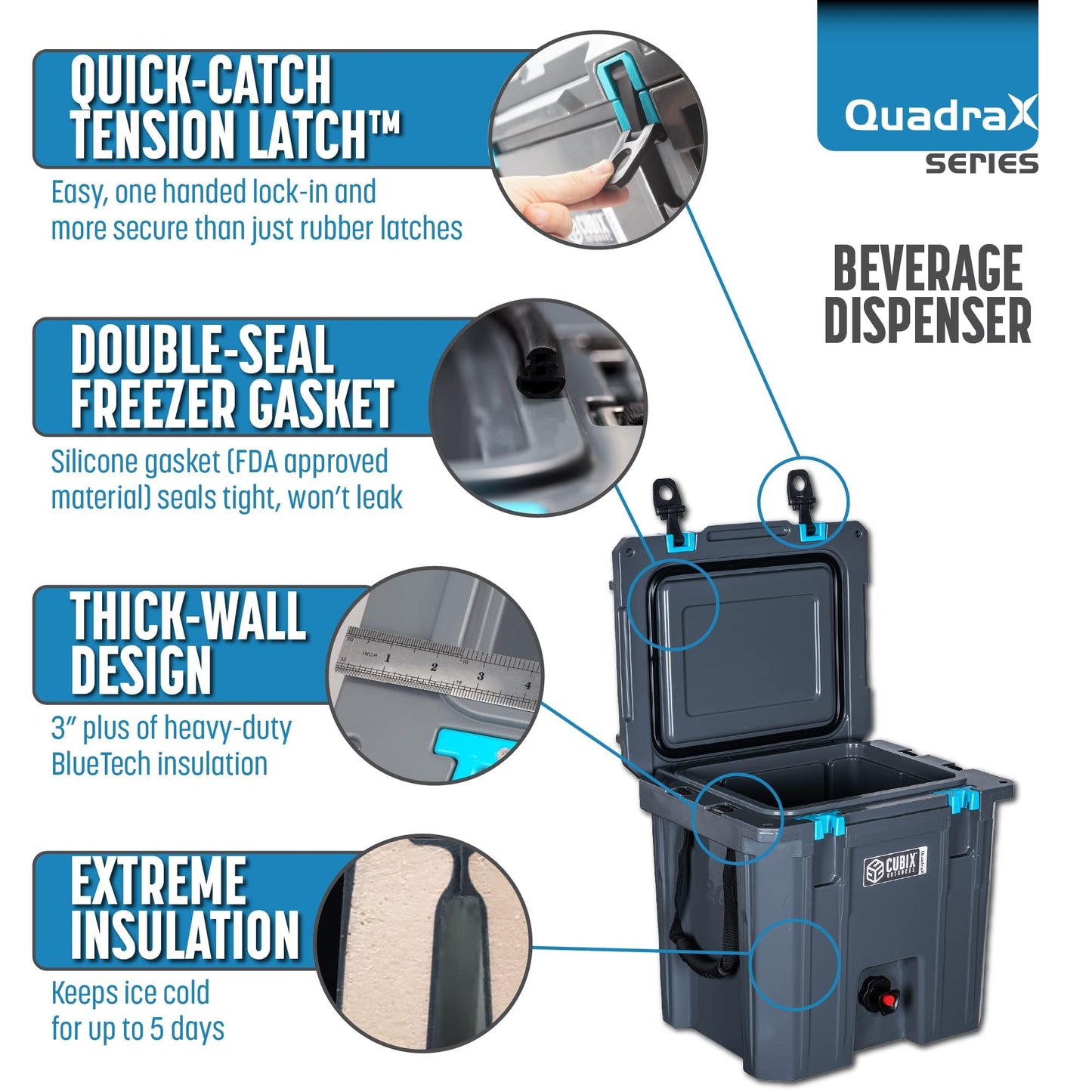 Cubix Outdoors, Quadrax 20QT 2-in-1 Beverage Dispenser Cooler, Holds drinks for 5 Days, Insulated Hard Ice Chest, Portable Drink & Water Coolers for Parties, Camping, Beach - Granite Grey