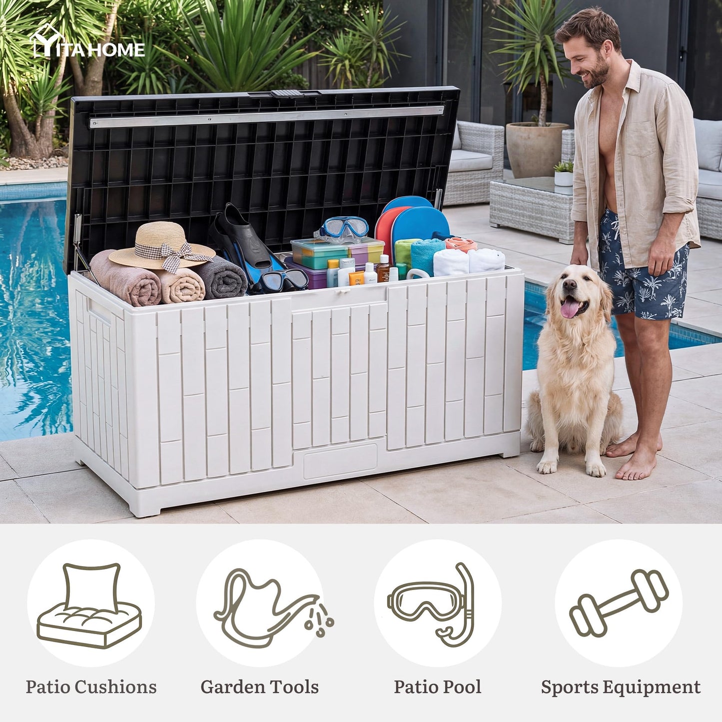 YITAHOME 120 Gallon Outdoor Storage Deck Box, Large Resin Patio Storage with Slide-Locking Black Lid, 2-Person Bench Seat for Outdoor Pillows, Garden Tools & Pool-Supplies, Waterproof, Grayish-White