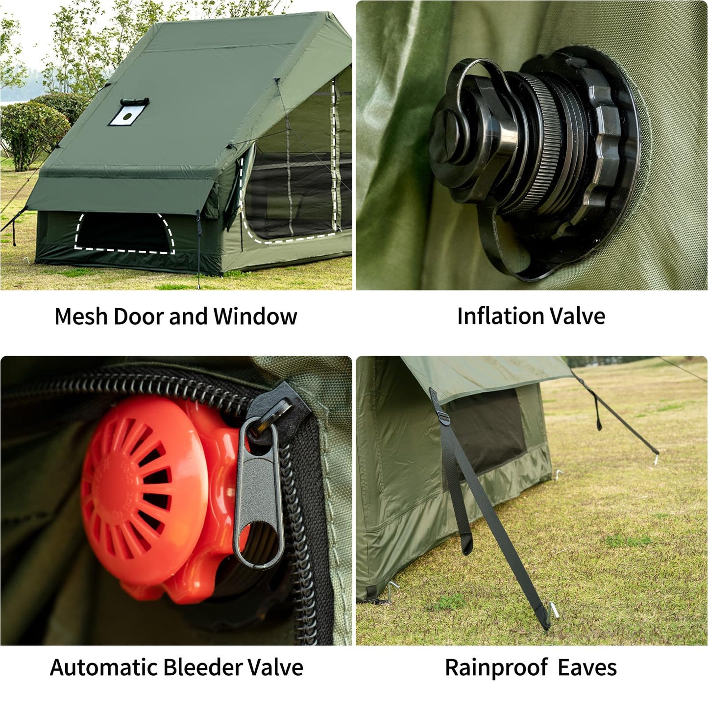 WaldZimmer 6sq Green Inflatable Camping Tent with Hand Pump Easy Setup Waterproof Windproof Outdoor Blow up Tent 3-4 Person Oxford 4 Season Glamping Air Tents Cabin House with Mesh Windows & Door