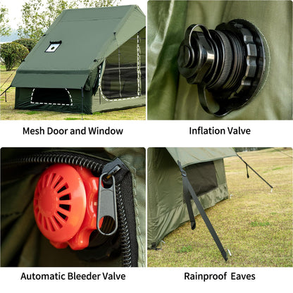 WaldZimmer 6sq Green Inflatable Camping Tent with Hand Pump Easy Setup Waterproof Windproof Outdoor Blow up Tent 3-4 Person Oxford 4 Season Glamping Air Tents Cabin House with Mesh Windows & Door