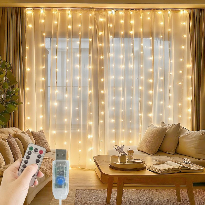 Patioman Fairy Curtain Lights, 200 LED Upgraded Tangle-Free Hanging Lights with Remote, USB Plug in String Lights for Bedroom Wall Window Wedding Party Xmas Home Décor - 6.6 x 6.6 Ft, Warm White