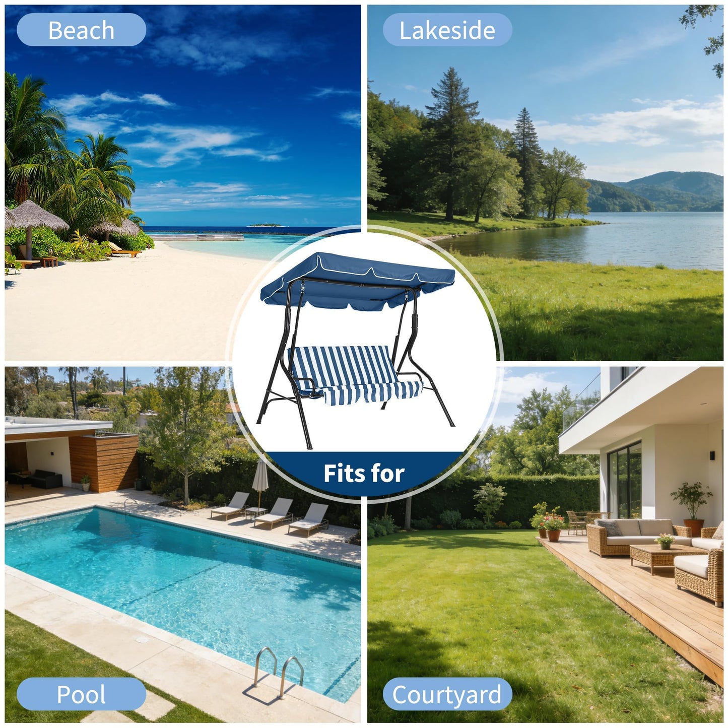 Outdoor Patio Swing Chair with Adjustable Canopy 3-Seat Heavy-Duty Steel Frame Porch Swing with Stand Thick Waterproof Cushions for Garden Backyard Lawn Front Porch