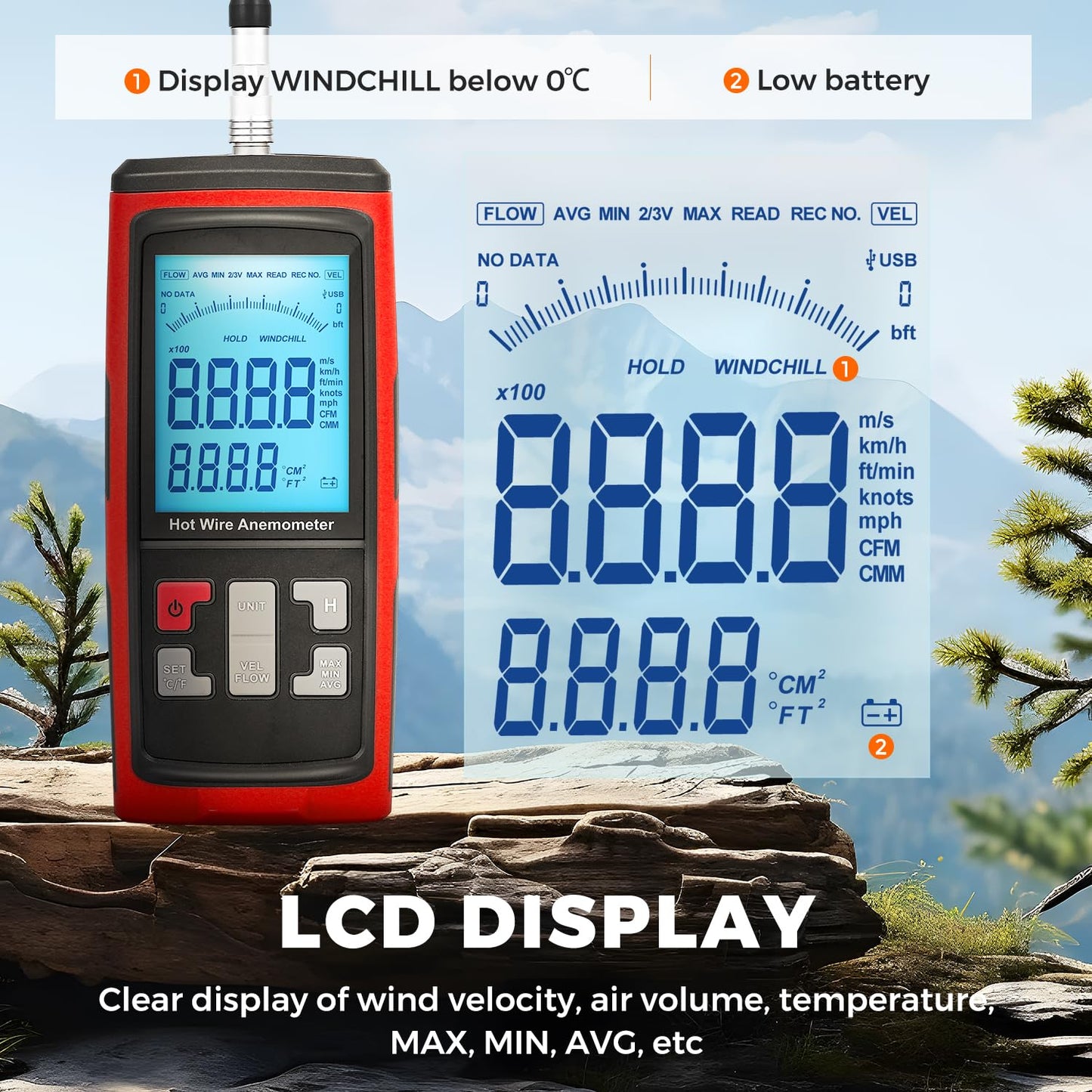 Bonvoisin Anemometer Handheld Hot Wire Air Flow Velocity Meter CFM Wind Speed Gauges with Data Output Software Telescopic Probe for in Duct HVAC, Outdoor (Thermal Anemometer)