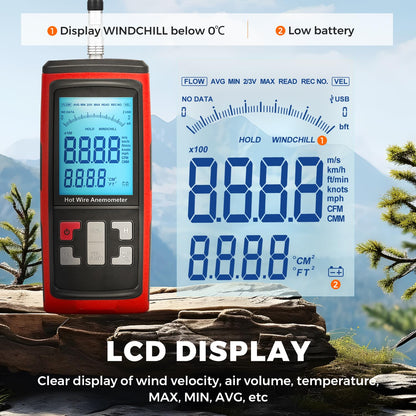 Bonvoisin Anemometer Handheld Hot Wire Air Flow Velocity Meter CFM Wind Speed Gauges with Data Output Software Telescopic Probe for in Duct HVAC, Outdoor (Thermal Anemometer)