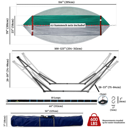 Tranquillo Combo x2 Hammocks with Stand for Outside & Tree Straps, Heavy Duty Hammock with Stand 600lbs for Indoor Outdoor Patio Backyard, x2 Hammocks for 2 Person (Combo - Peacock, Medium)