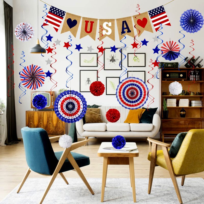 26Pcs Patriotic Decorations 4th of July Decorations LOVE USA Banner Red White Blue Paper Fans Star Streamer Pom Poms Hanging Swirls for Veterans Labor Presidents Flag Memorial Day