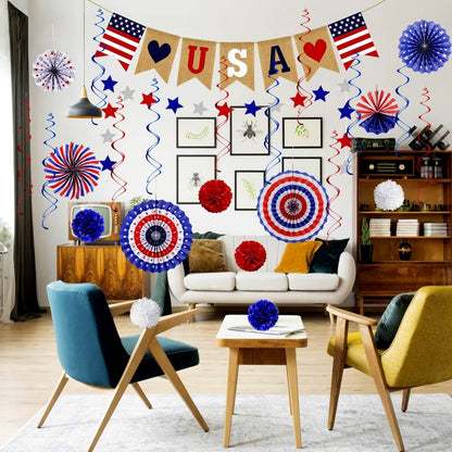 26Pcs Patriotic Decorations 4th of July Decorations LOVE USA Banner Red White Blue Paper Fans Star Streamer Pom Poms Hanging Swirls for Veterans Labor Presidents Flag Memorial Day