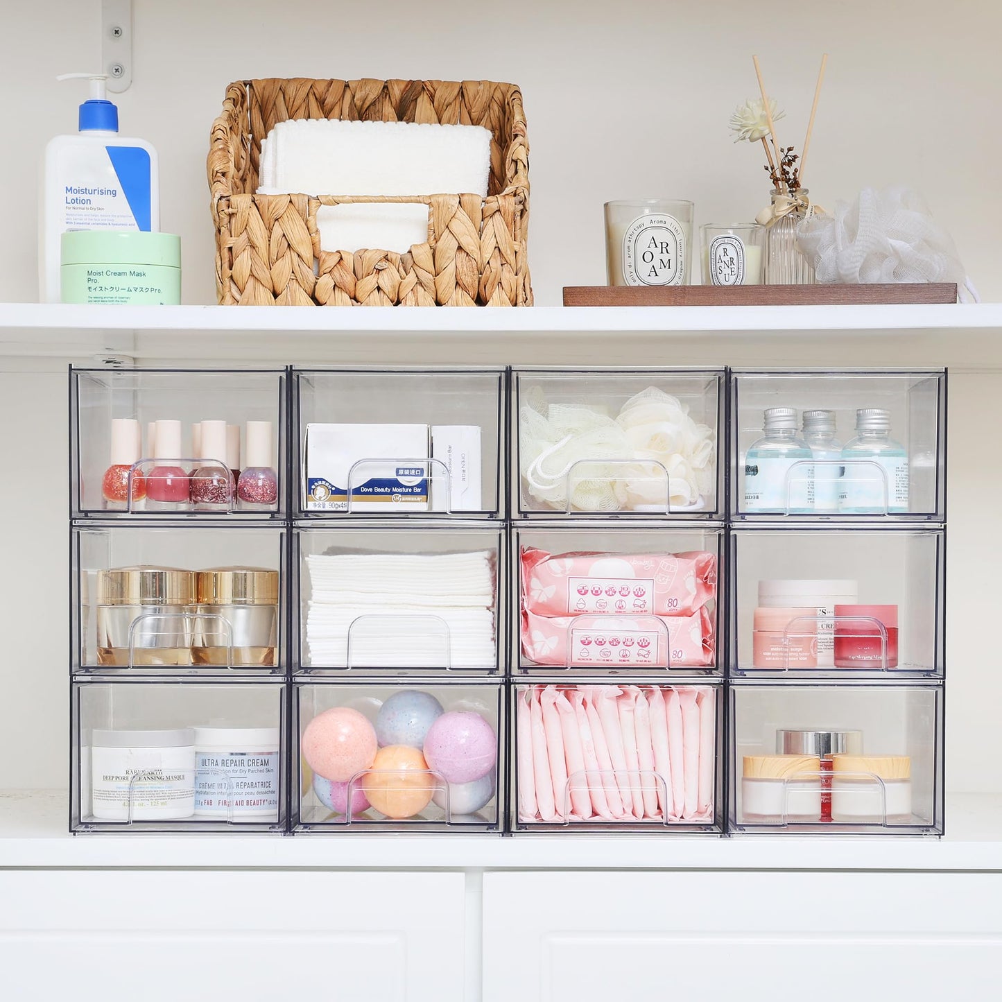 Vtopmart 4 Pack Clear Small Stackable Storage Drawers,Acrylic Bathroom Makeup Organizer,Plastic Storage Bins For Vanity, Undersink, Kitchen Cabinets, Pantry, Home Organization