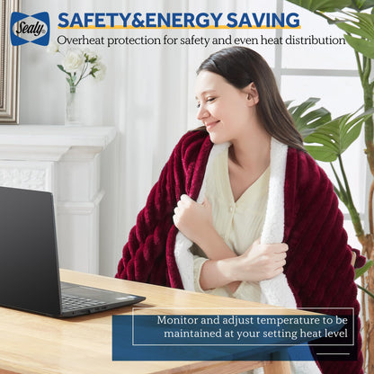 SEALY Electric Blanket Full Size, Soft Ribbed Flannel to Sherpa Reversible Heated Blanket with 10 Heat Settings & 1-12 Hours Auto-Off Overheat Protection, Machine Washable, 72"x84" Beige