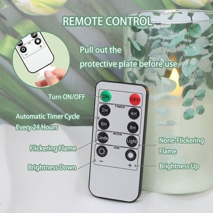 Immeiscent Green Glass Flameless Candles Remote Timer Eucalyptus Leaves Greenery Design Battery Operated Flicker Pillar Candle for Wedding Centerpiece Spring Easter Farmhouse Home Decoration, Set of 3
