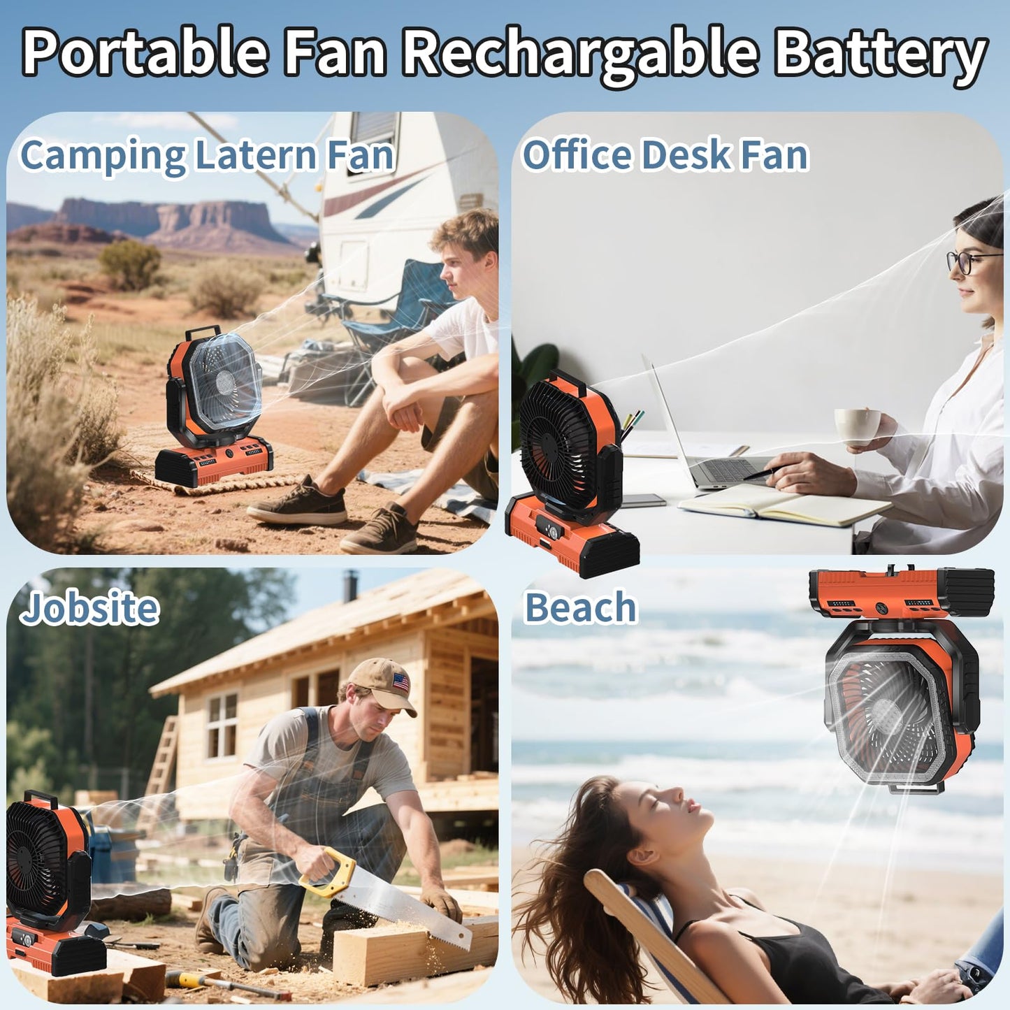 EEIFO 12 Inch Portable Camping Fan, 40000mAh Rechargeable Battery Powered Fan with 4 Speeds Wind and LED Light 140H, Cool & Warm Light and SOS Mode, Auto Oscillating, 360° Rotating Hang Hook(Orange)