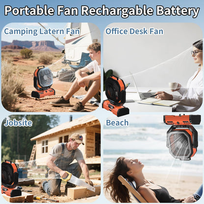 EEIFO 12 Inch Portable Camping Fan, 40000mAh Rechargeable Battery Powered Fan with 4 Speeds Wind and LED Light 140H, Cool & Warm Light and SOS Mode, Auto Oscillating, 360° Rotating Hang Hook(Orange)