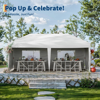10x20Ft Pop Up Canopy Tent, One Push Setup Instant Beach Tent, Outdoor Canopy with 4 Sidewalls & Roller Bag, Includes Sandbags, Adjustable Height, Waterproof, Sun Shelter for Events, Camping, White