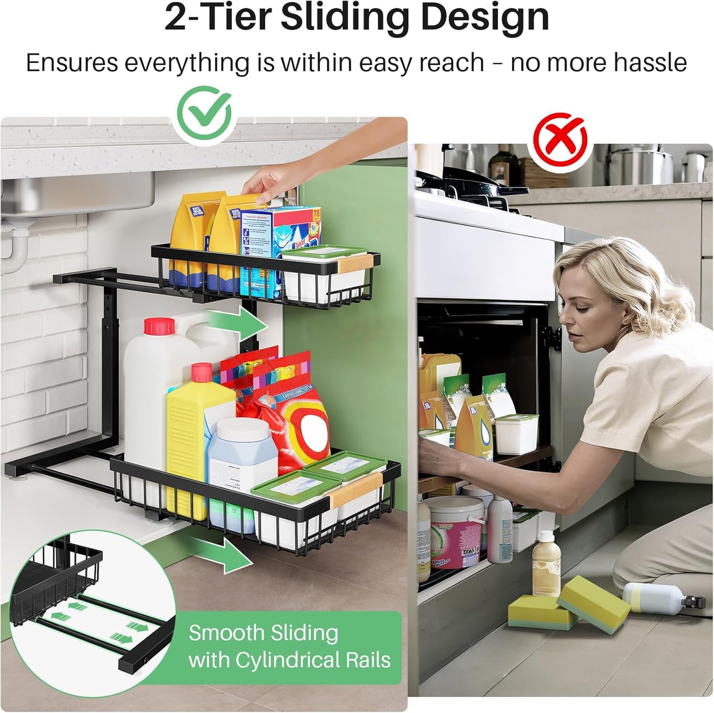 Kitstorack Under Sink Organizer - 2 Tier Metal Sliding Drawer for Kitchen & Bathroom Storage | Black