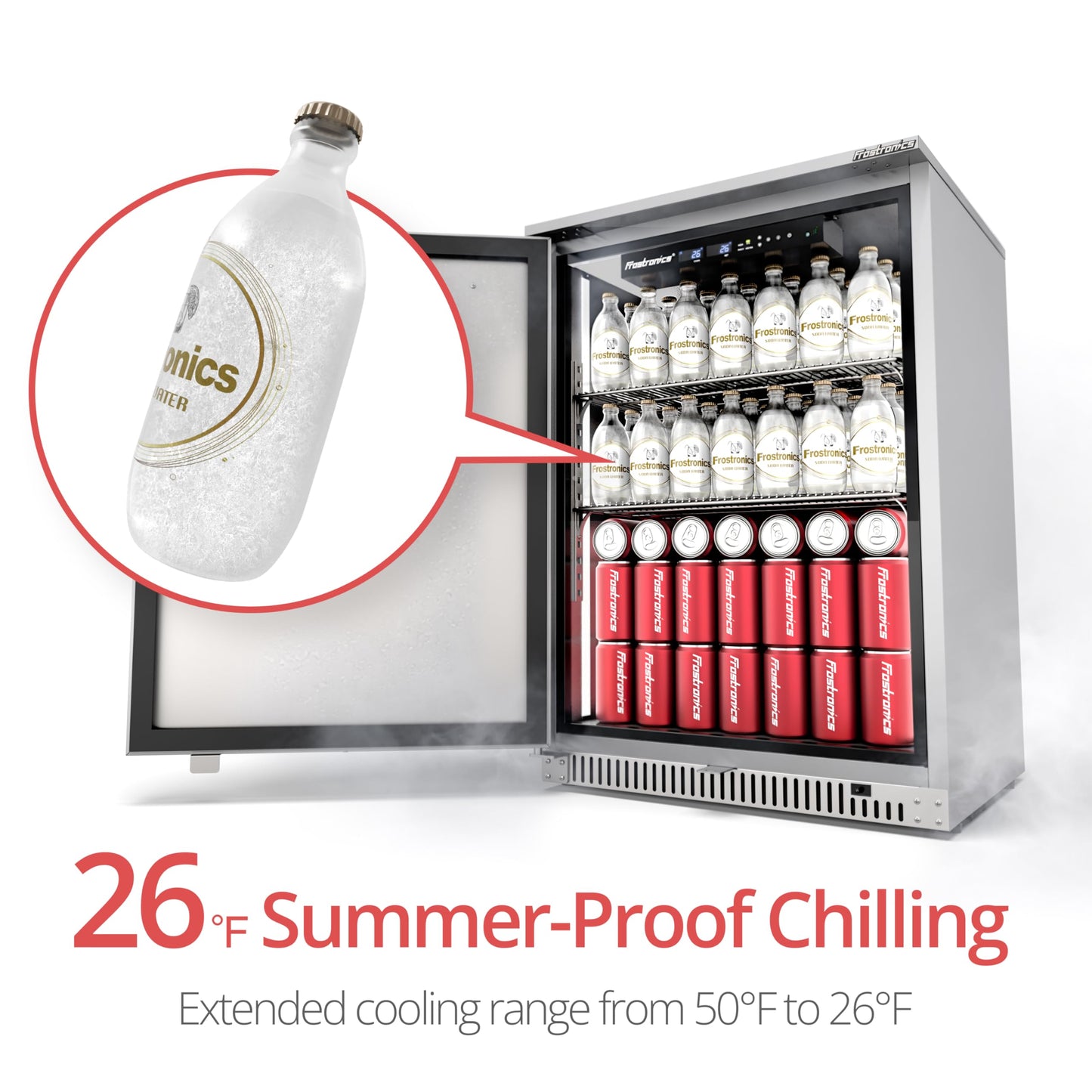 Frostronics 24 Inch Outdoor Beverage Refrigerator, 140 Can Built-In Beverage Fridge with 21-Inch Shallow Depth, 26°F Sub-Zero Fridge, Dual-Fan Cooling, Full SUS304 for Patio & Outdoor Kitchen