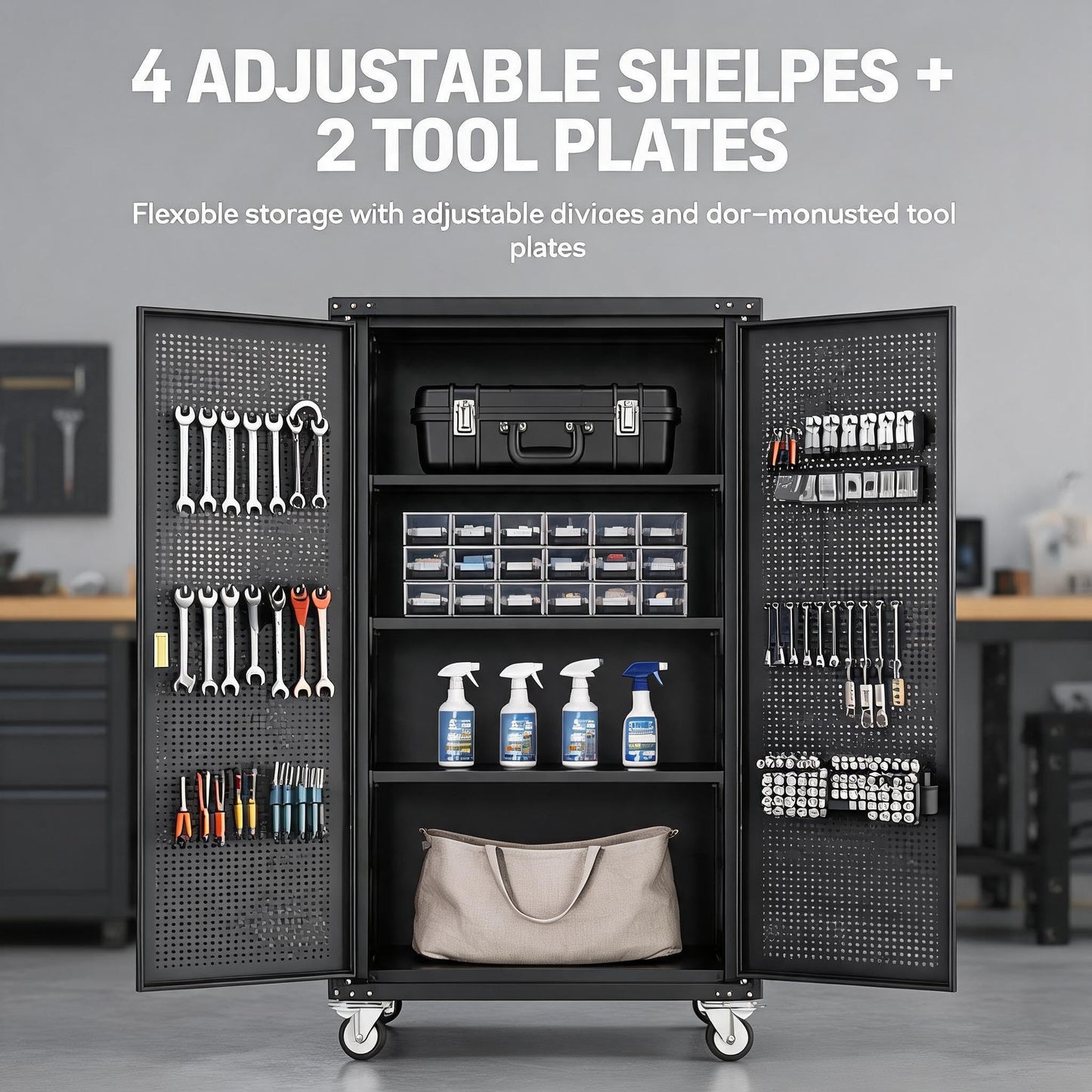 Garvee Large Metal Cabinet Two Lockable Doors Four Wheels,Four Adjustable Dividers Can Be Used As Tool File Storage Suitable for Garages Schools Gyms Offices