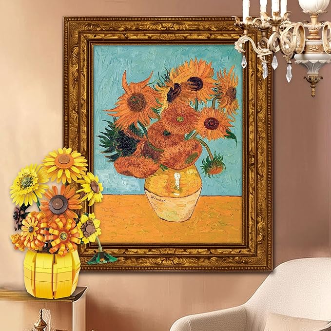 Flowers Building Sets for Adults Van Gogh Prints Art Botanical Collection Sunflowers Pot Bouquet Plants Kits Compatible with Lego Flowers Easter Flores Home Decor for Woman Girls 14+
