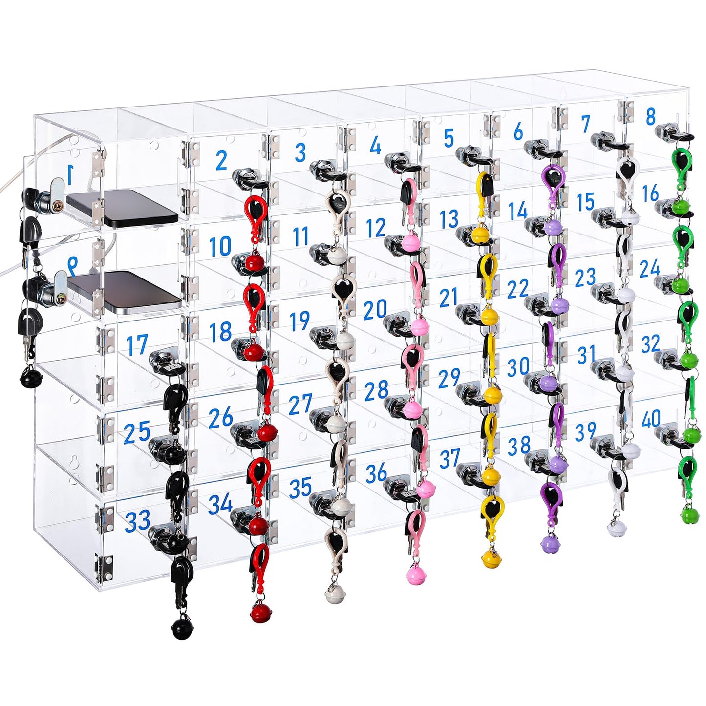 Singhoow 40 Doors Cell Phone Locker Box with Charging Hole (Upgrade Size), Clear Acrylic Cell Phone Storage Cabinet Wall Mounted, Locks, Key, Number for Classroom Employee Office School Factory