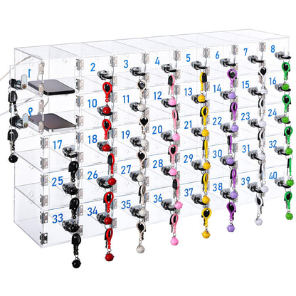 Singhoow 40 Doors Cell Phone Locker Box with Charging Hole (Upgrade Size), Clear Acrylic Cell Phone Storage Cabinet Wall Mounted, Locks, Key, Number for Classroom Employee Office School Factory