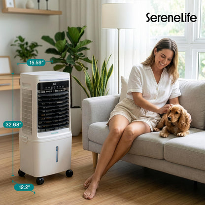 SereneLife Tower Fan, Smart Stand Up Bladeless Tower Fan with WiFi and Remote Control, 1700 CFM High Velocity Output, 25 Liter Detachable Water Tank, Boosted AC Flow with 4 Ice Packs Included