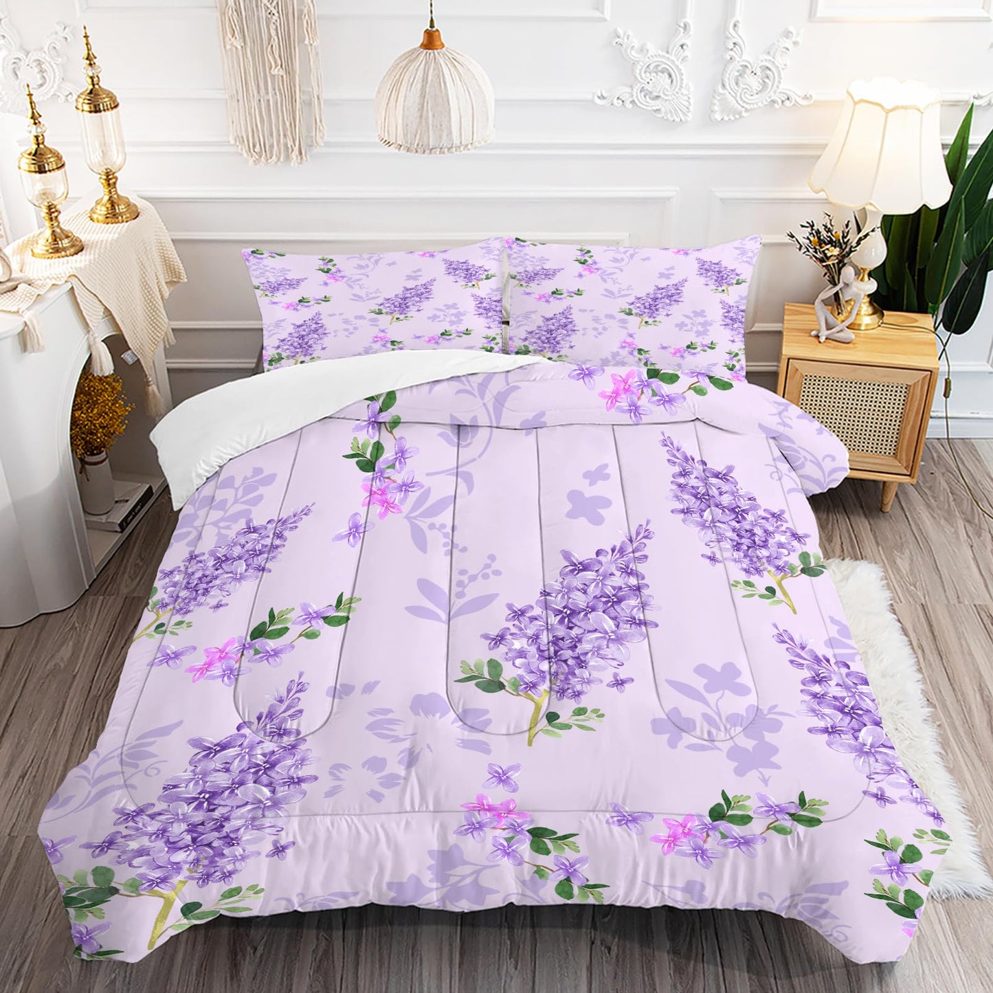 FUYEUN Floral Bedding Set King: Purple Lilac Flower Comforter for Girls Women Kids Teens Bedroom Bed Bedspread Quilt,1 Comforter + 2 Pillow Cases