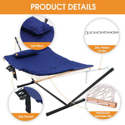 Lazy Daze Hammocks Double Hammock with 12 ft Steel Stand, 2 Person Cotton Rope Hammock with Quilted Pad, Spreader Bars, Detachable Pillow, Mag Bag & Cup Holder, Blue
