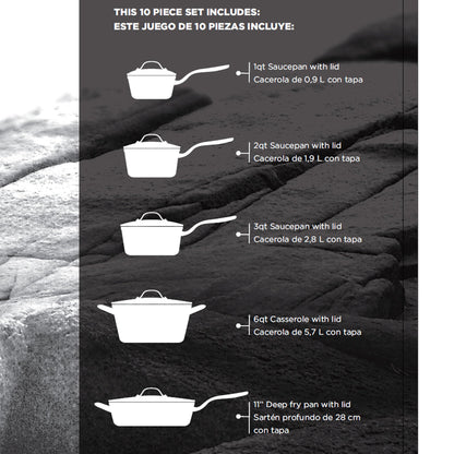 Starfrit The Rock 10PC Non-Stick Cookware Set - Durable Forged Aluminum - Oven Safe - PFOA Free - Easy to Clean - Black