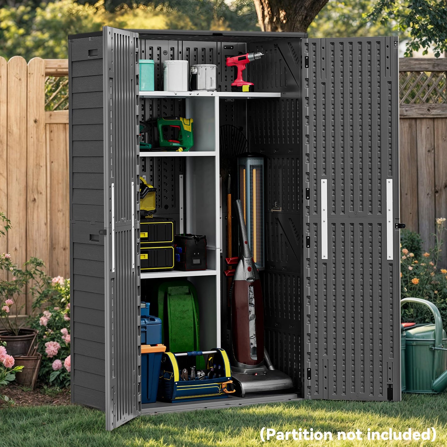 YITAHOME 60 cu ft Tall Outdoor Storage Shed w/o Shelf, Resin Vertical Outdoor Storage Shed, Large Waterproof Storage Cabinet for Garage, Poolside, and Garden (Dark Gray + Black)